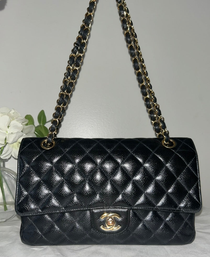 CHANEL Medium Classic Double Flap Caviar Quilted Handbag Black / Gold