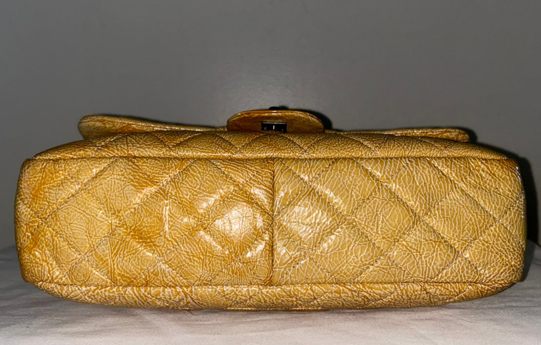 CHANEL Classic Jumbo Quilted Crinkled Patent Leather Handbag Golden Yellow