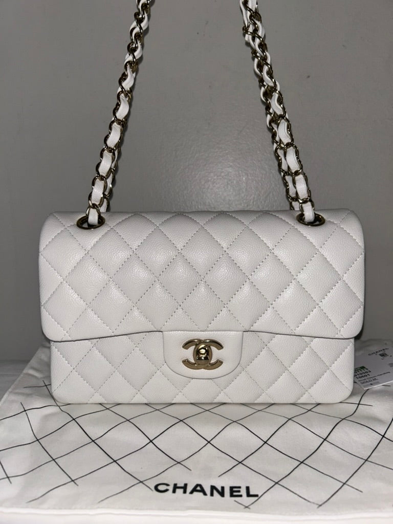 CHANEL 23K Small Classic Double Flap Caviar Handbag White