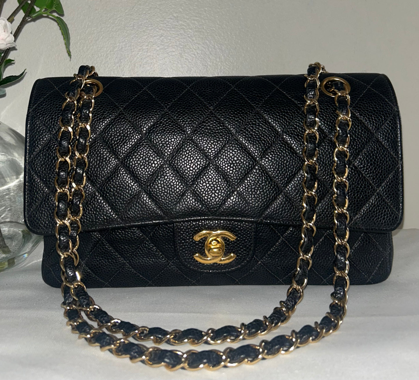 CHANEL Classic Medium Double Flap Quilted Caviar Leather Handbag Black/24K Gold