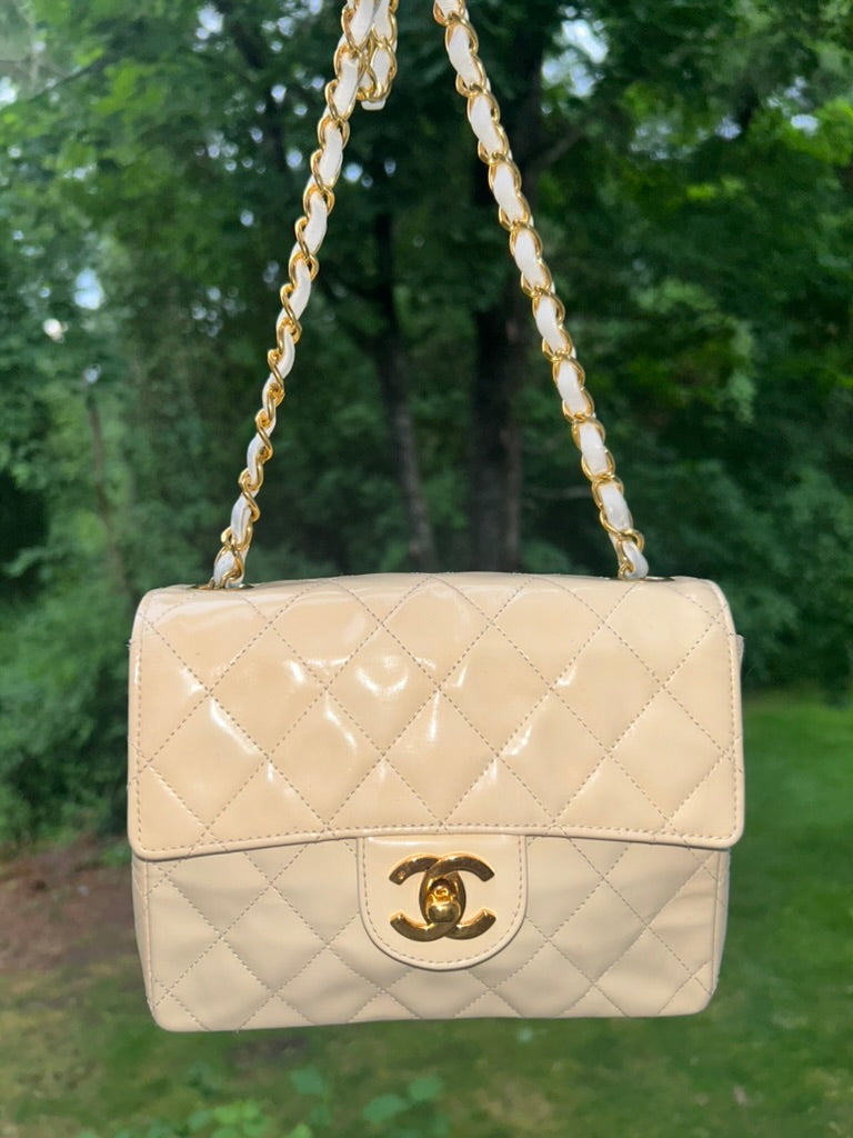 CHANEL Classic CC Half Flap Mini Quilted Patent Leather Crossbody Bag Cream