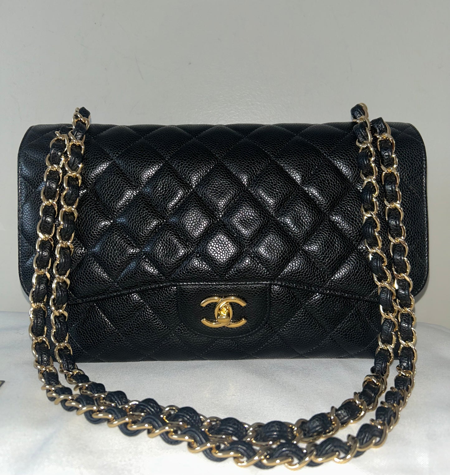 CHANEL Classic Jumbo Double Flap Quilted Caviar Leather Handbag Black/Gold