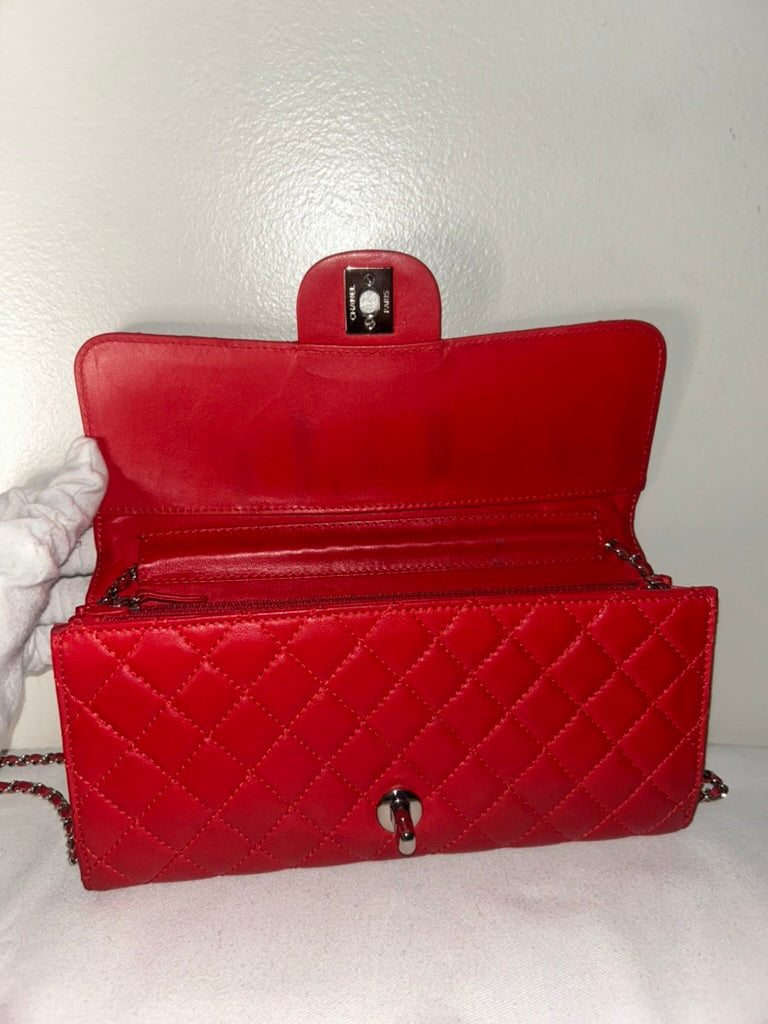 CHANEL Classic Quilted Lambskin Leather East West Shoulder Bag Red