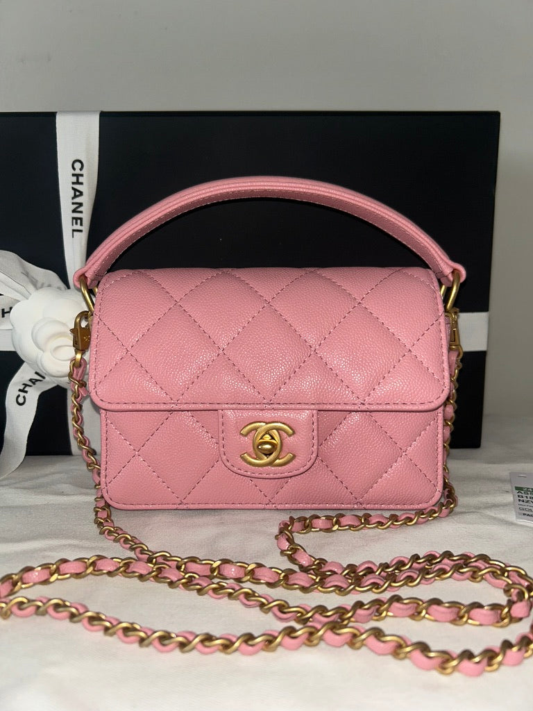 NEW! CHANEL 24K Mini Top Handle Flap Bag Quilted Caviar Light Pink / Gold HW