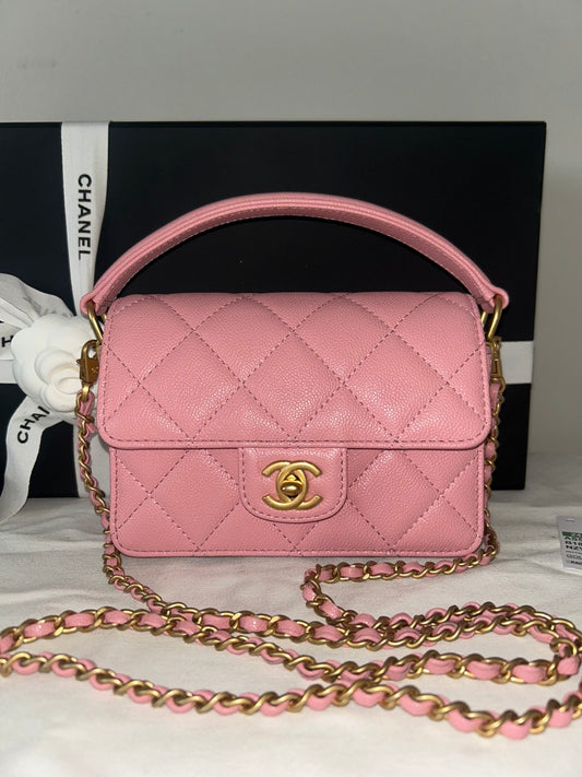 NEW! CHANEL 24K Mini Top Handle Flap Bag Quilted Caviar Light Pink / Gold HW