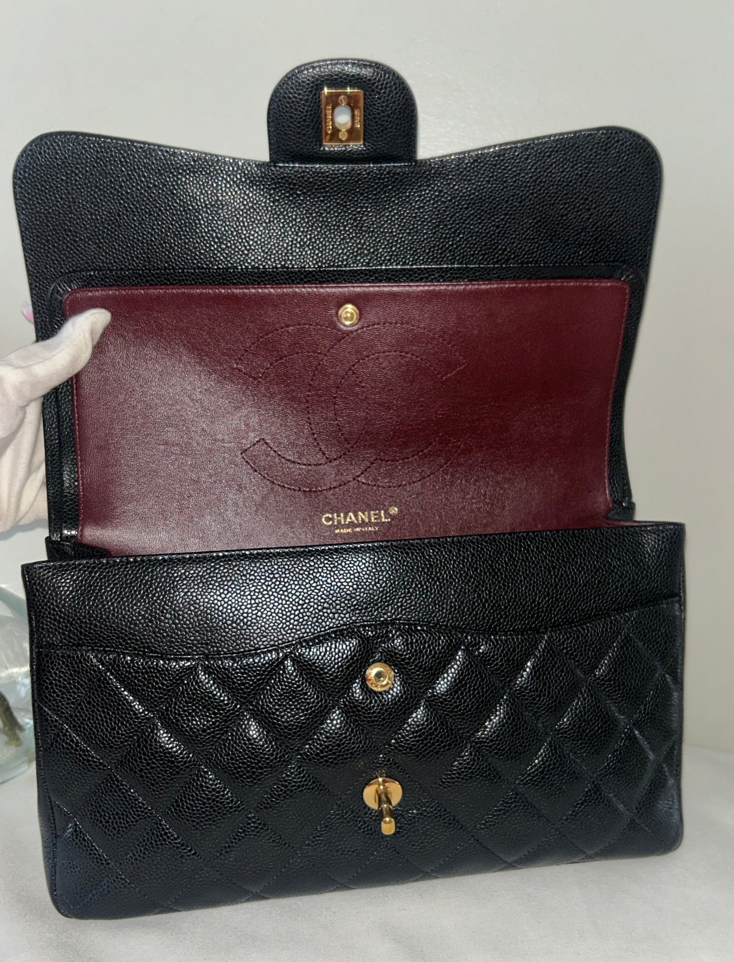 CHANEL Classic Jumbo Double Flap Quilted Caviar Leather Handbag Black/Gold
