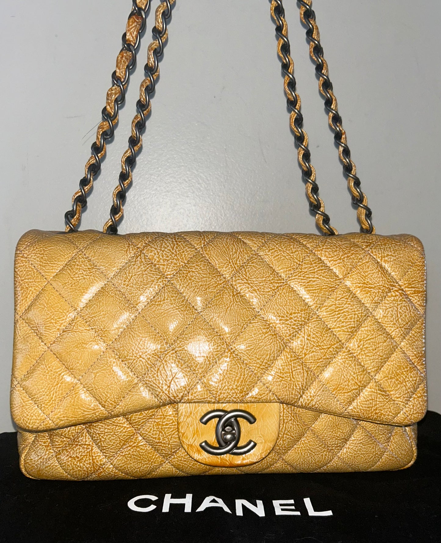 CHANEL Classic Jumbo Quilted Crinkled Patent Leather Handbag Golden Yellow