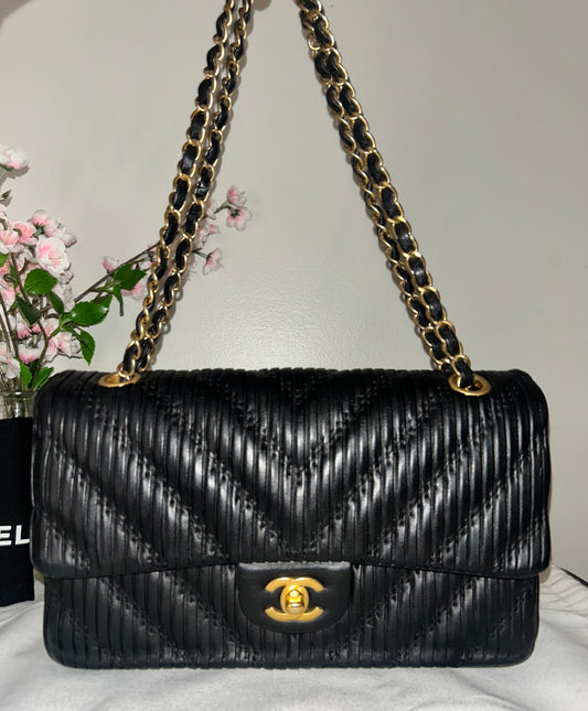 CHANEL Medium Classic Double Flap Pleated Calfskin Handbag Black / Gold