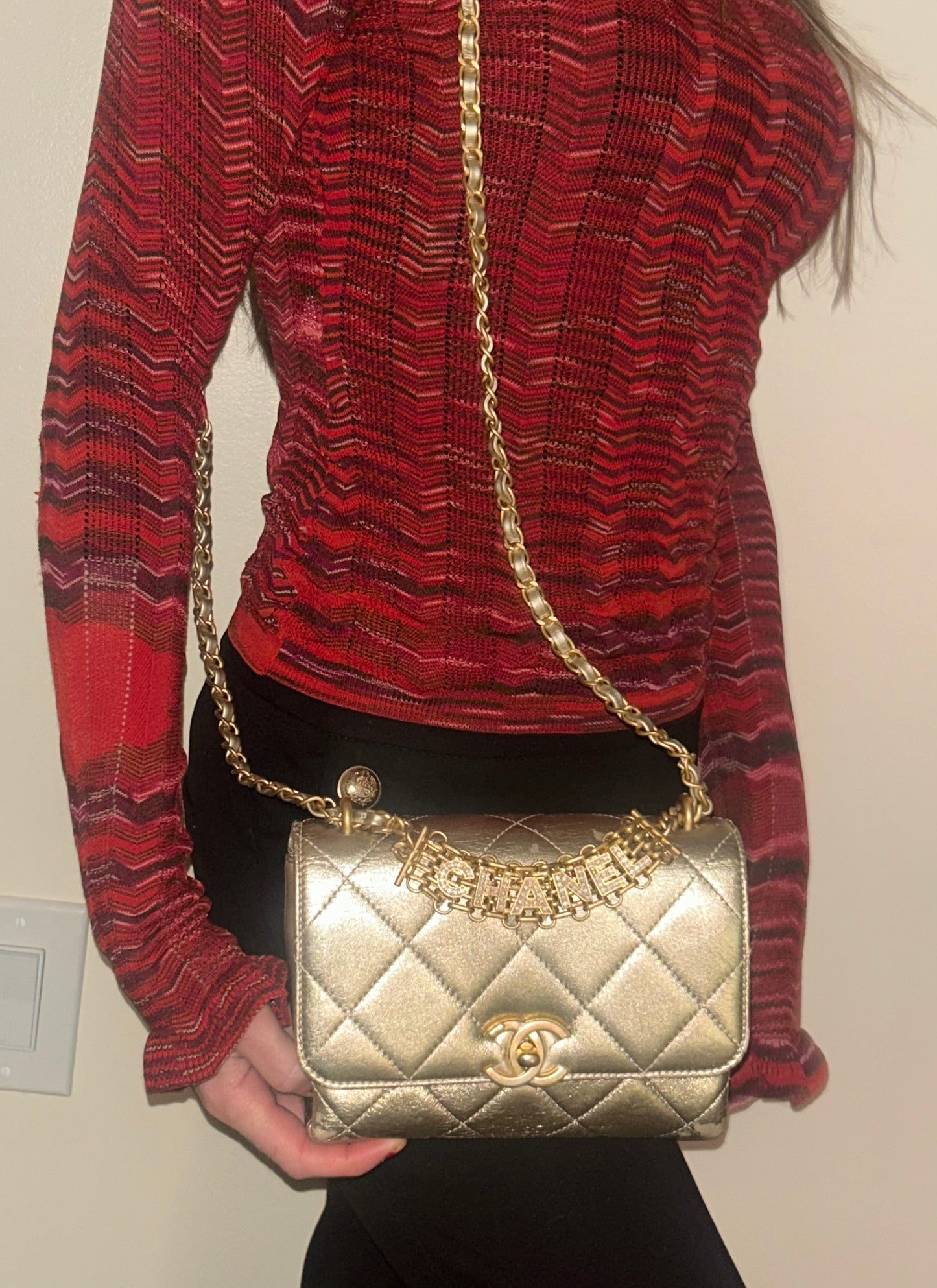 CHANEL CC Crystal Logo Metallic Mini Flap Bag Quilted Lambskin Gold