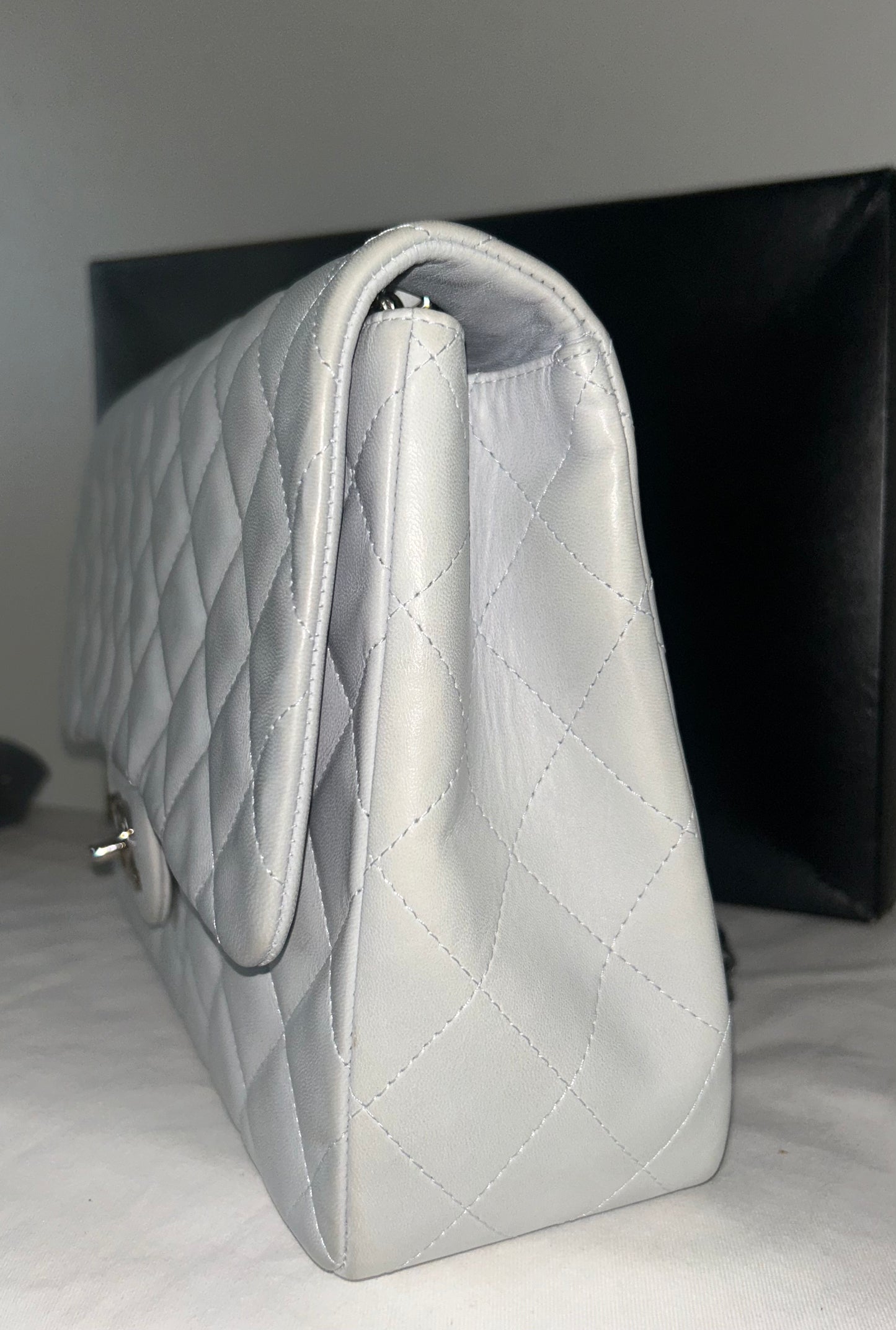 CHANEL Classic Jumbo Single Flap Quilted Lambskin Leather Bag Light Blue Gray