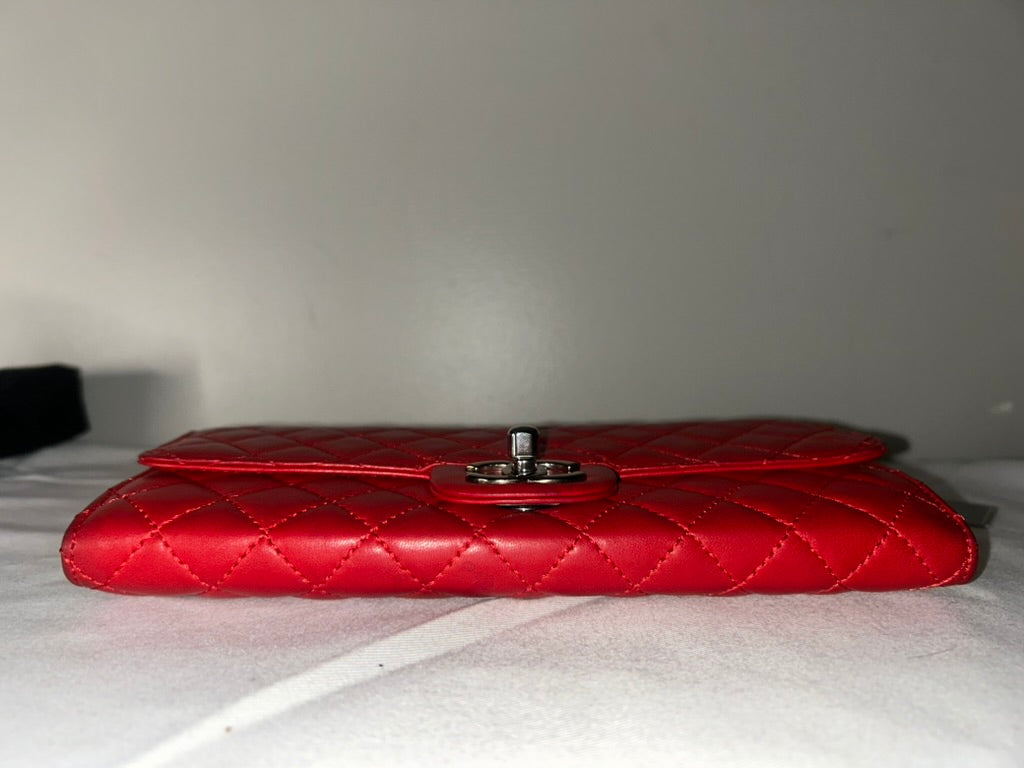 CHANEL Classic Quilted Lambskin Leather East West Shoulder Bag Red