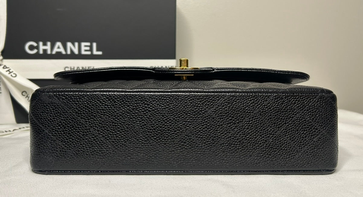 CHANEL Medium Classic Double Flap Caviar Quilted Handbag Black / 24k Gold