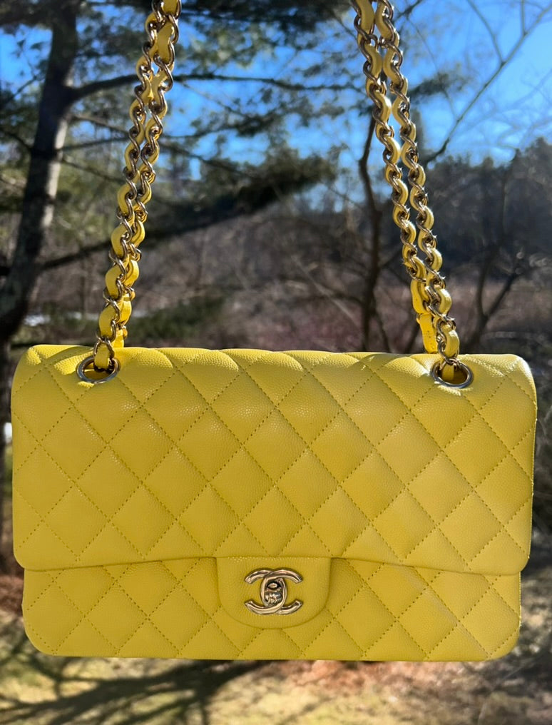 CHANEL 23C Medium Classic Double Flap Caviar Leather Handbag Yellow/Light Gold