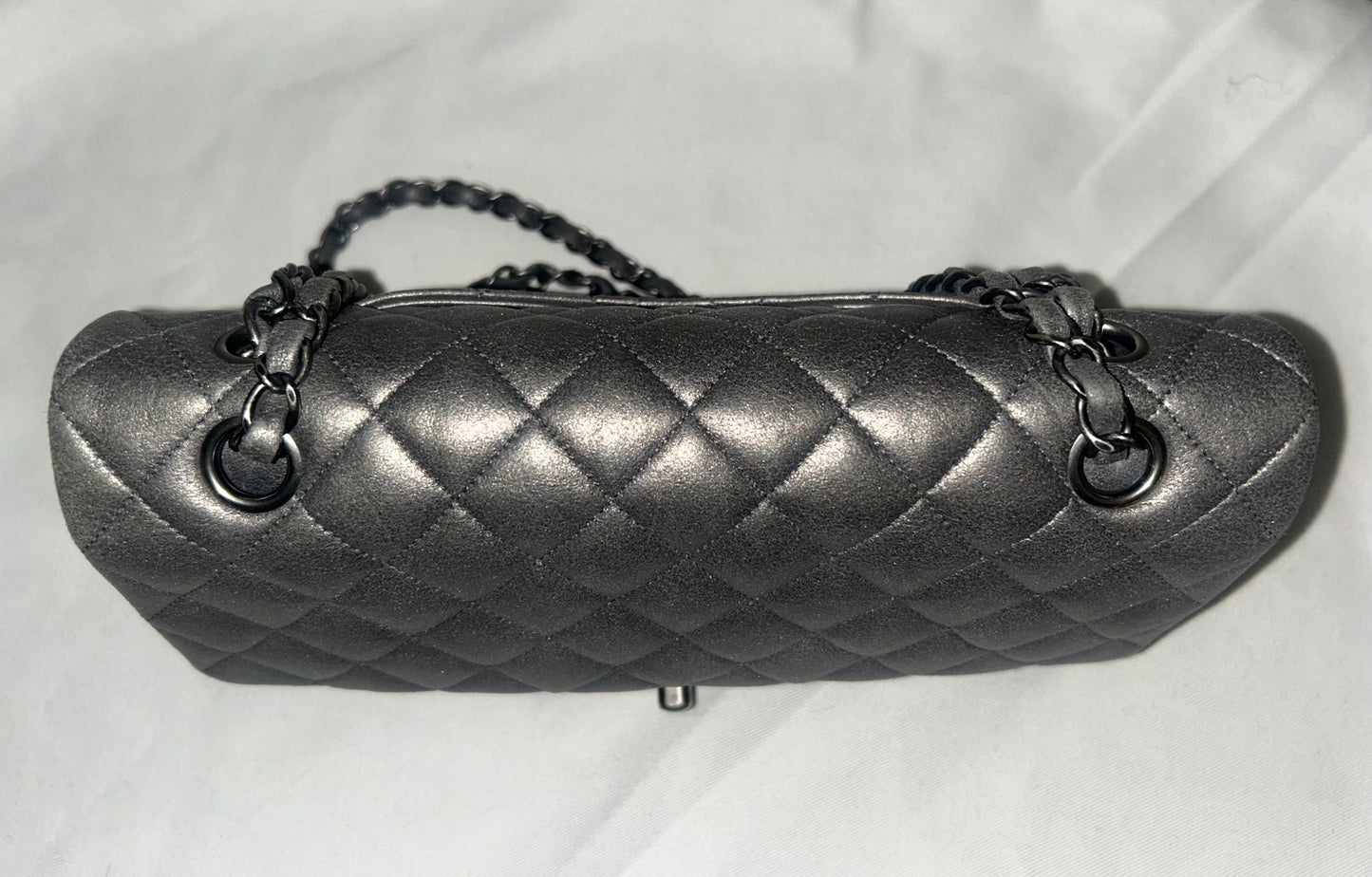 CHANEL Medium Double Flap Metallic Gray Pearlescent Leather Quilted Handbag