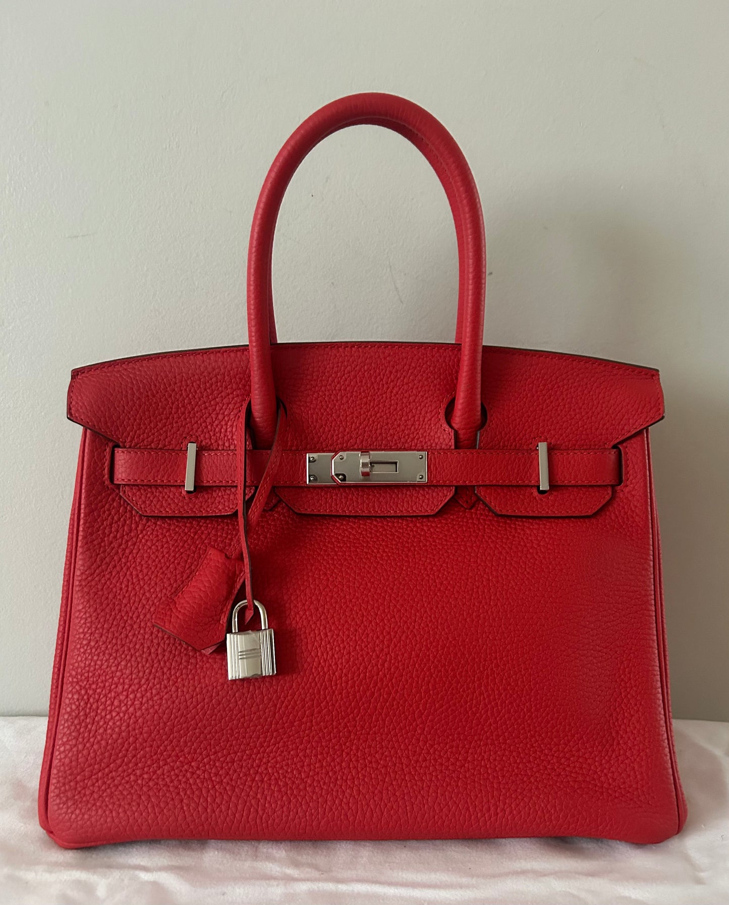 HERMES Birkin 30 Rouge Tomate Clemence Leather Palladium Hardware Handbag