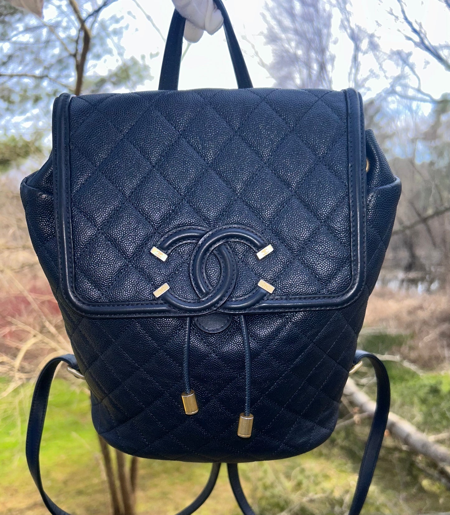 CHANEL Filigree Caviar Quilted Leather Backpack Navy