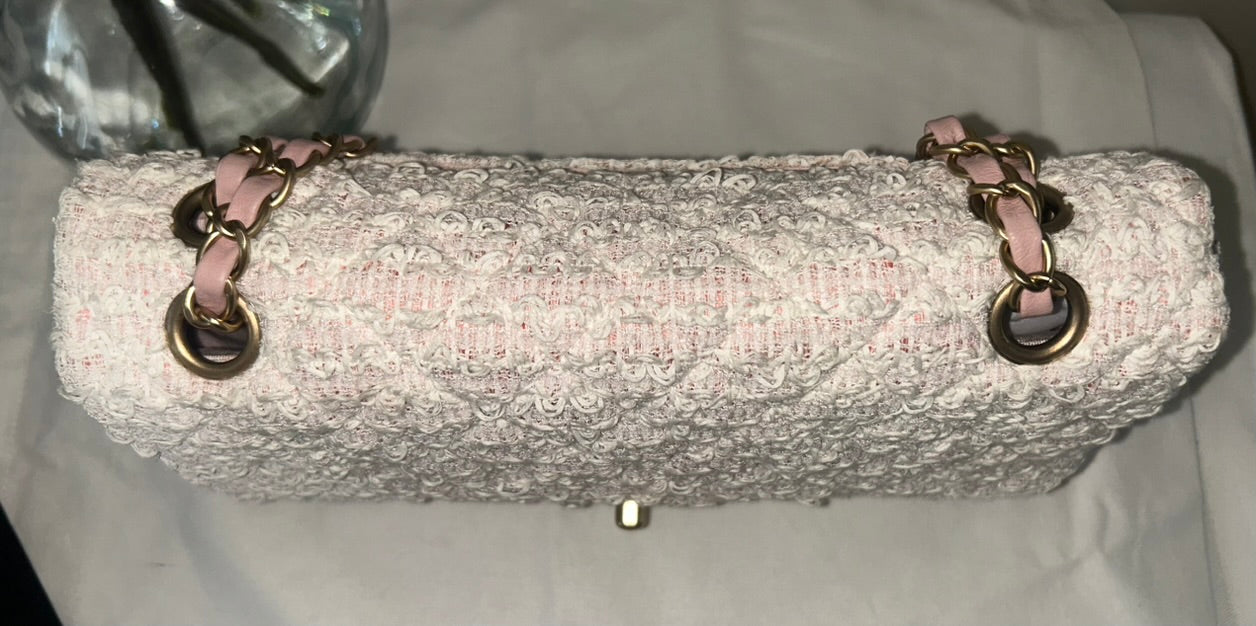 CHANEL Medium Classic Quilted Tweed Single Flap Bag Light Pink / Gold Hardware