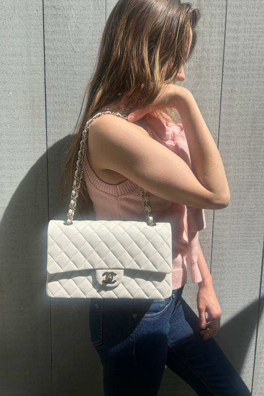 CHANEL Medium Classic Double Flap Caviar Quilted Handbag White / Light Gold HW