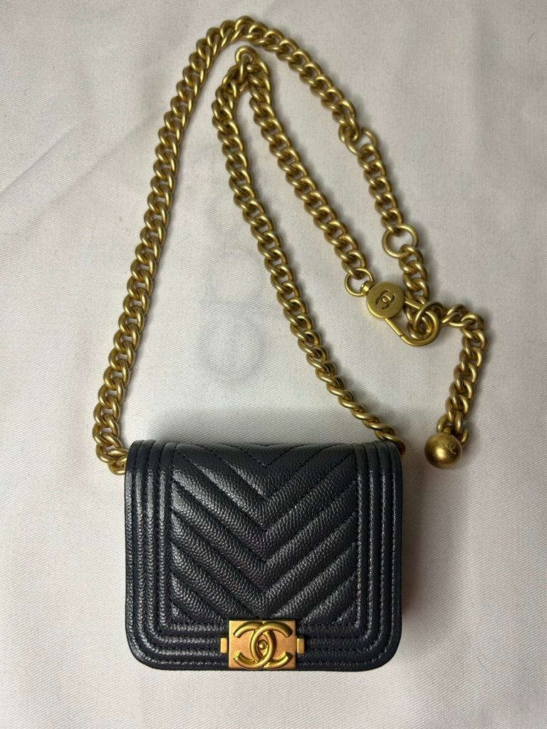 CHANEL Boy Chevron Quilted Caviar Leather Belt Bag in Dark Gray