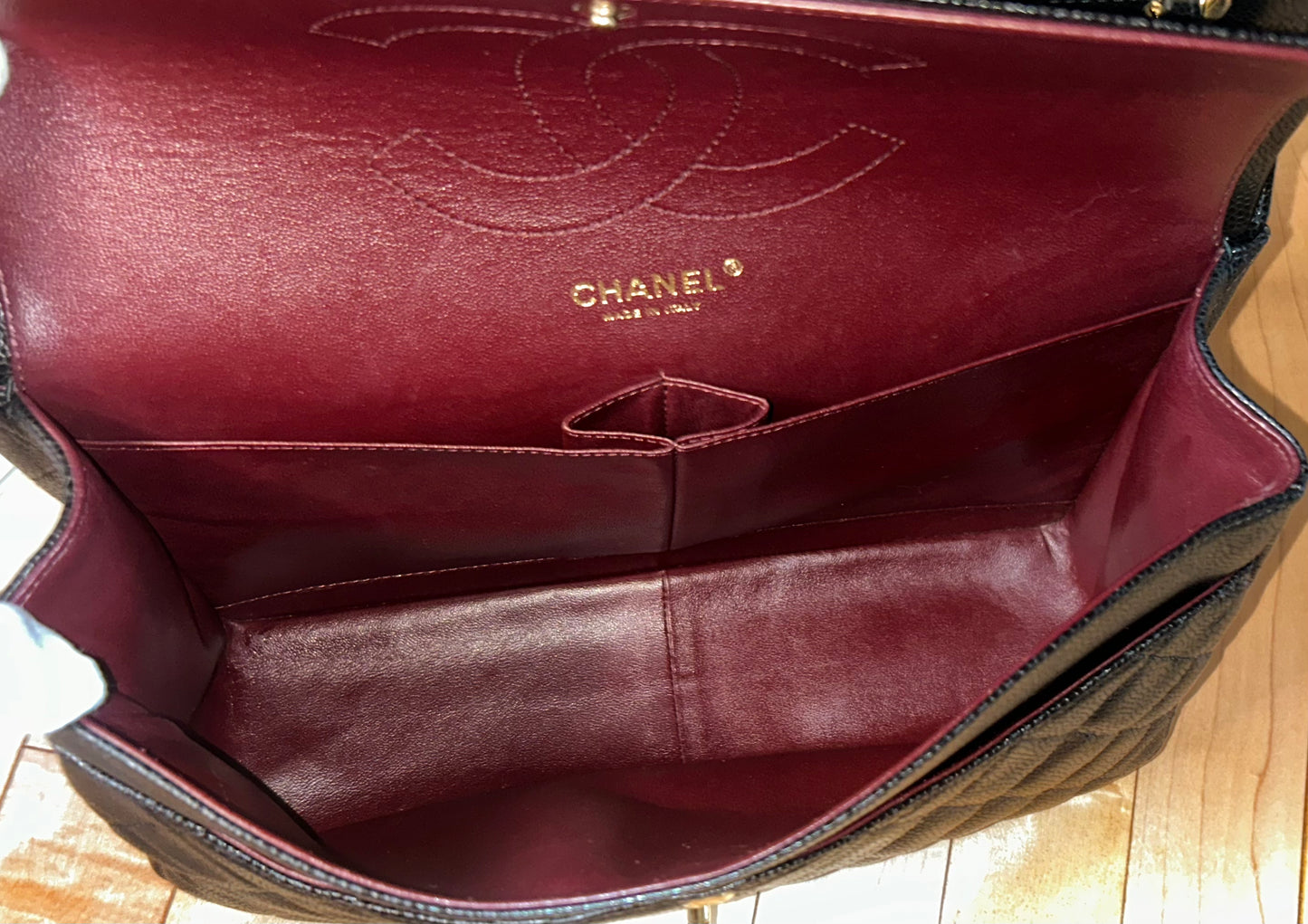 CHANEL Classic Jumbo Double Flap Quilted Caviar Leather Handbag Black/Gold
