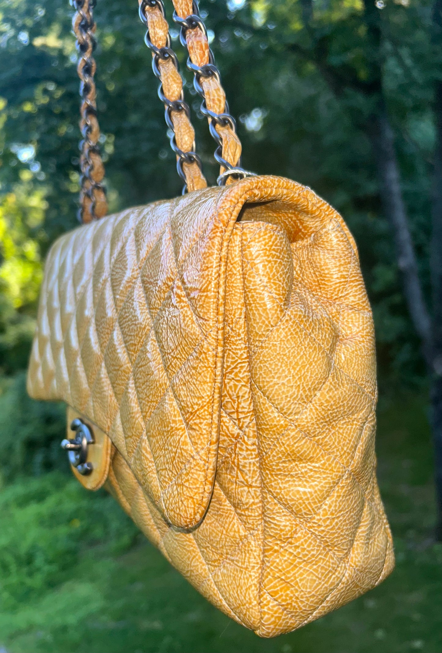 CHANEL Classic Jumbo Quilted Crinkled Patent Leather Handbag Golden Yellow