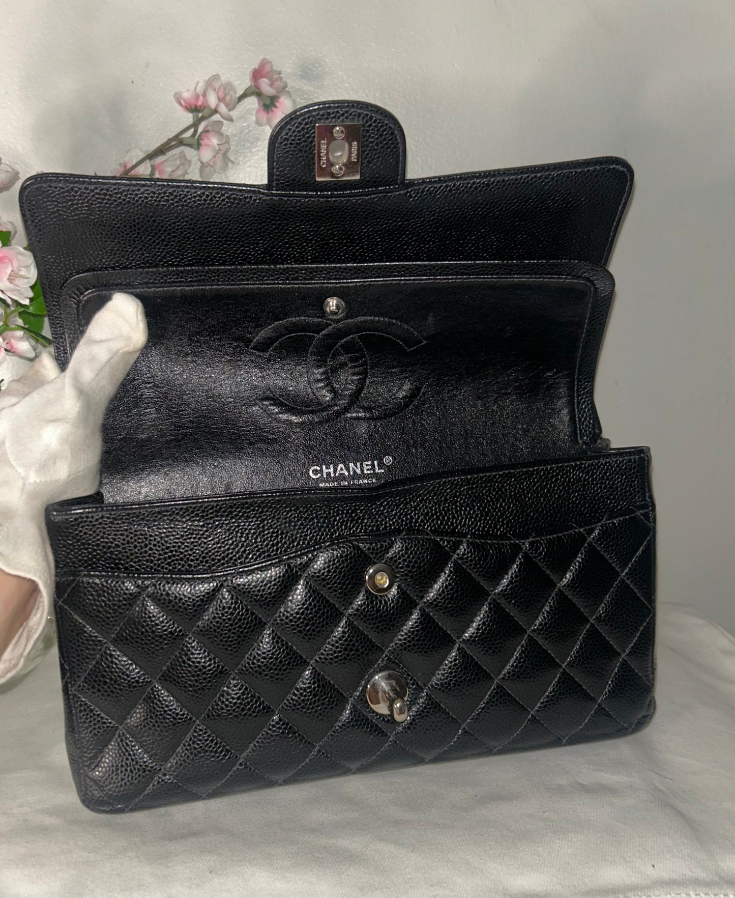CHANEL Medium Classic Double Flap Caviar Quilted Handbag Black