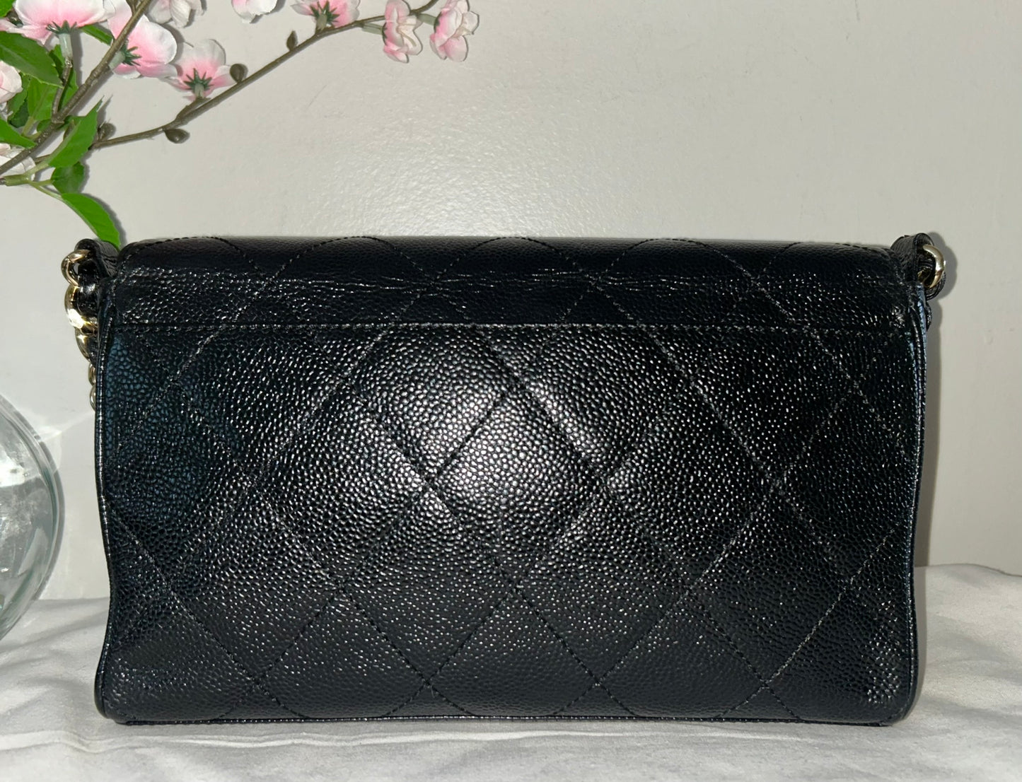 CHANEL Medium Classic Single Flap Quilted Caviar Handbag Black / 24k Gold RARE