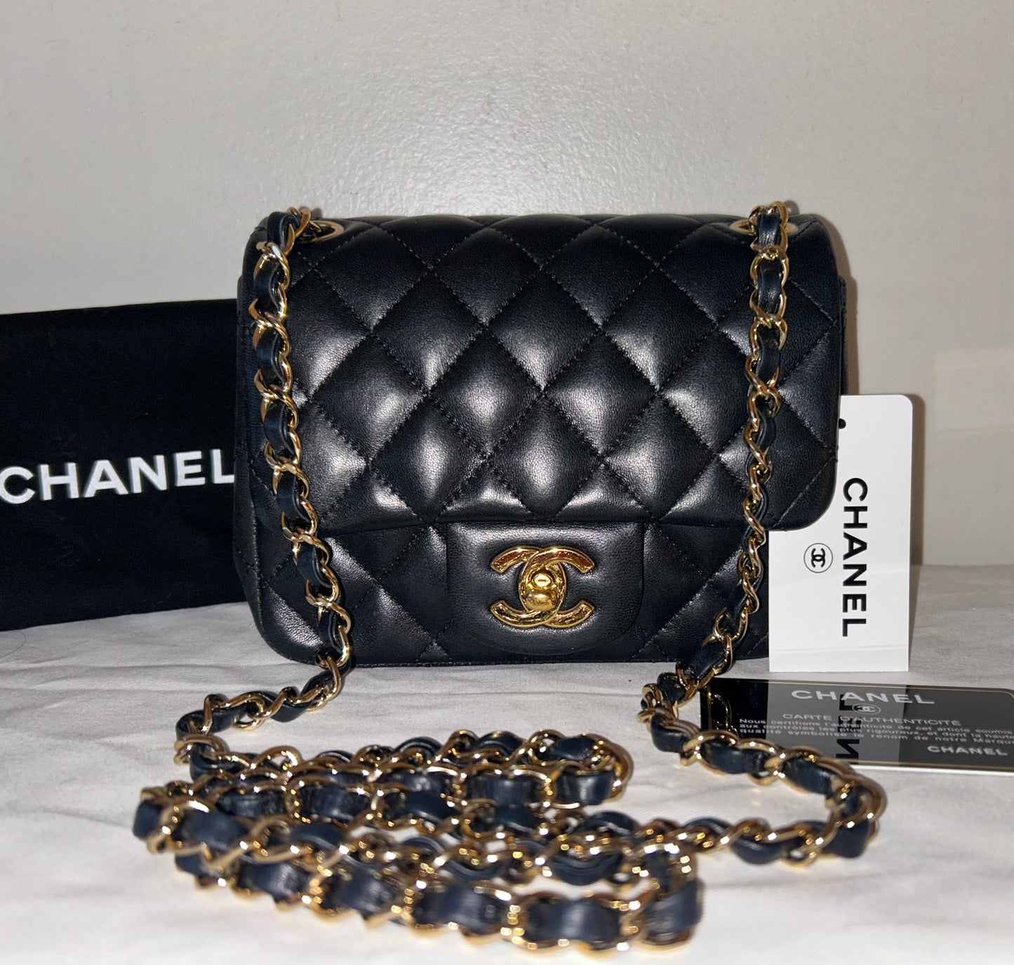 CHANEL Classic Mini Square Flap Bag Quilted Lambskin Black/Gold Hardware