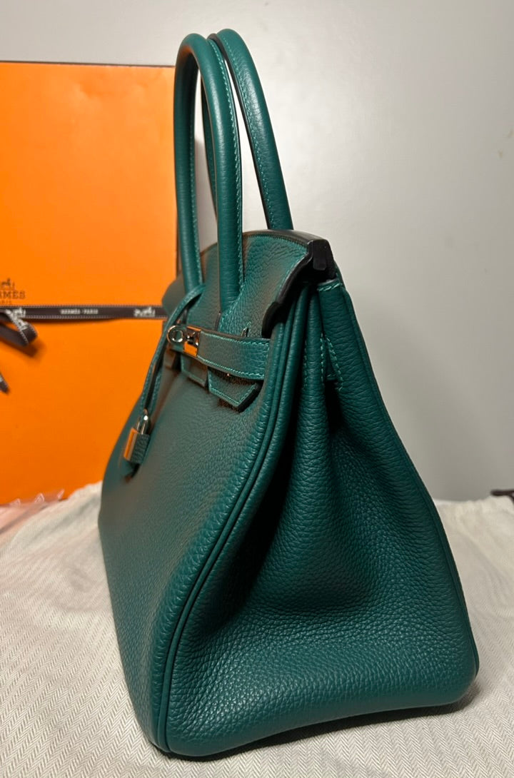HERMÈS Birkin 30 Malachite Togo Leather Palladium Hardware Handbag