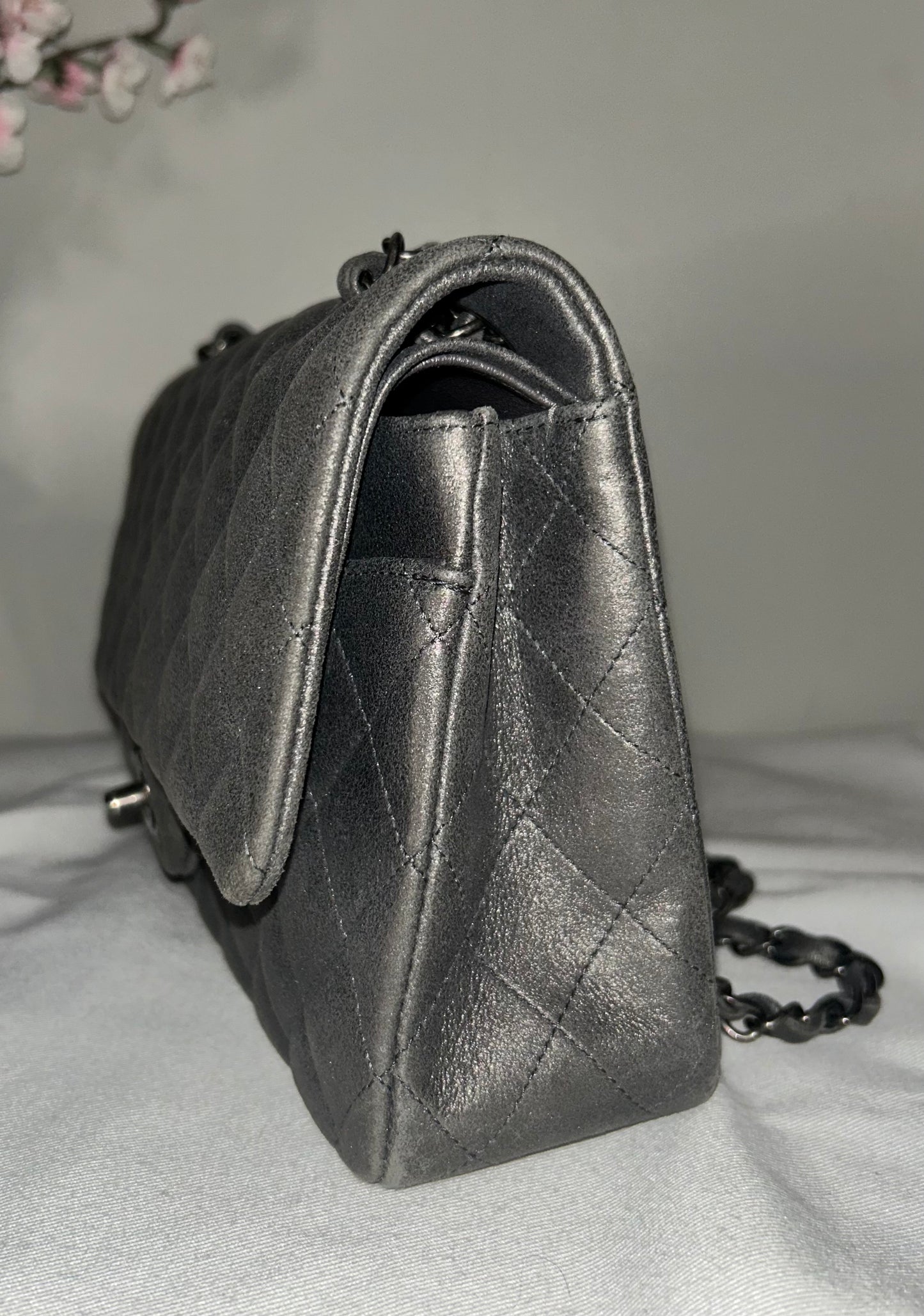 CHANEL Medium Double Flap Metallic Gray Pearlescent Leather Quilted Handbag