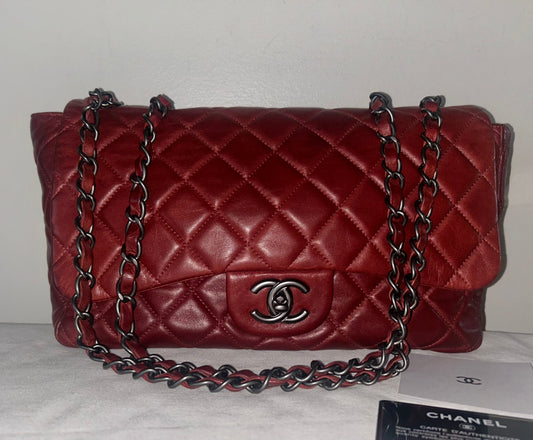 CHANEL Classic Jumbo Quilted Lambskin Leather Handbag Burgundy