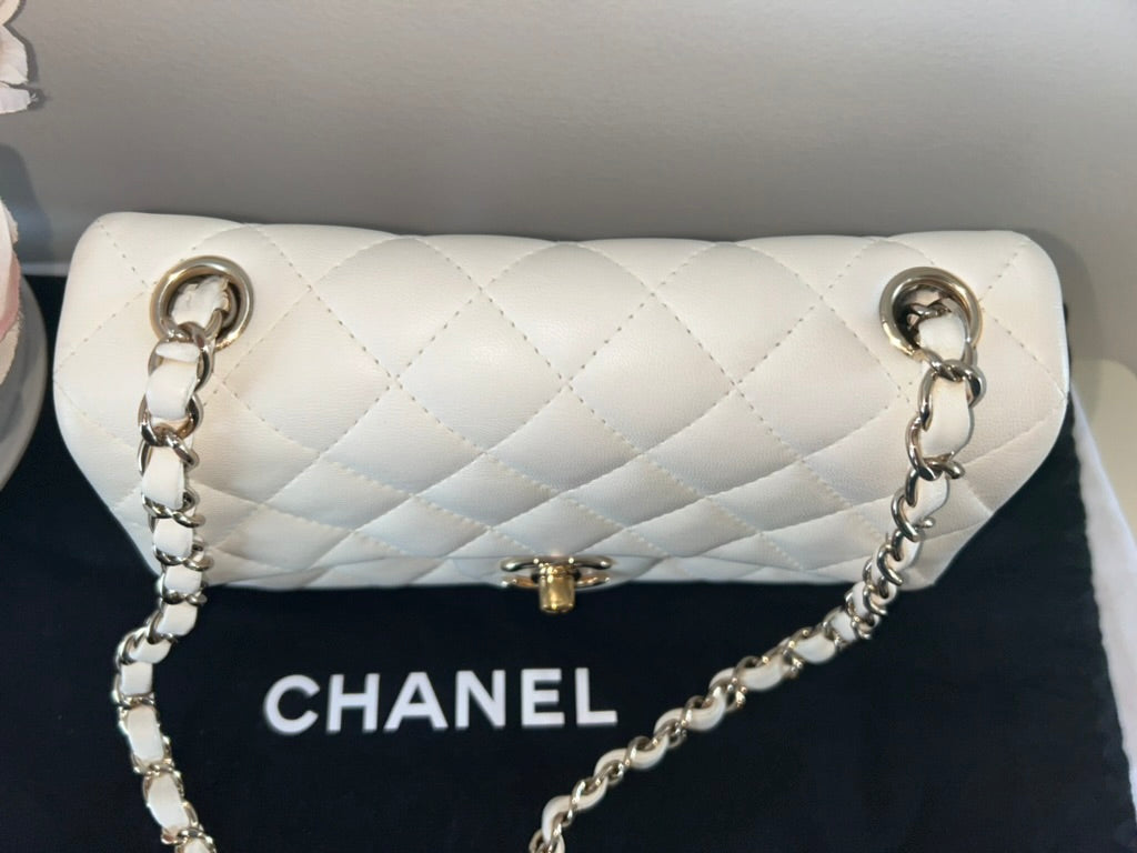 CHANEL Classic Mini Rectangular Flap Bag Quilted Lambskin Leather White/Gold