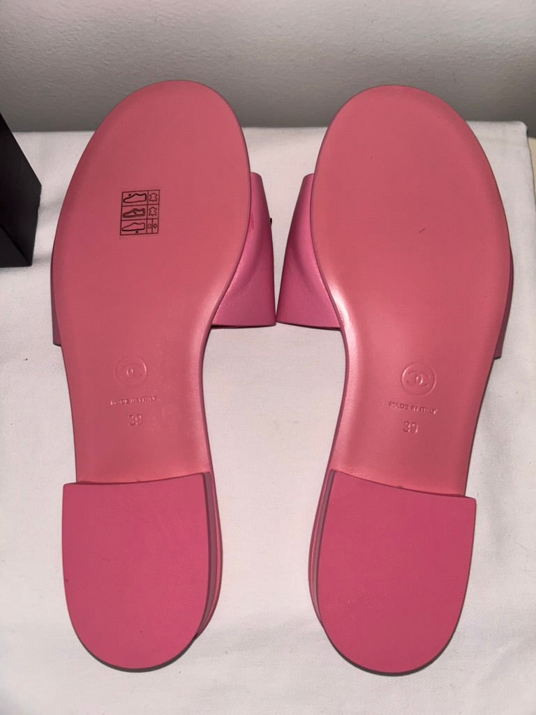 CHANEL 23S ‘CHA NEL’ Logo Leather Mules Sandal Pink Size 39