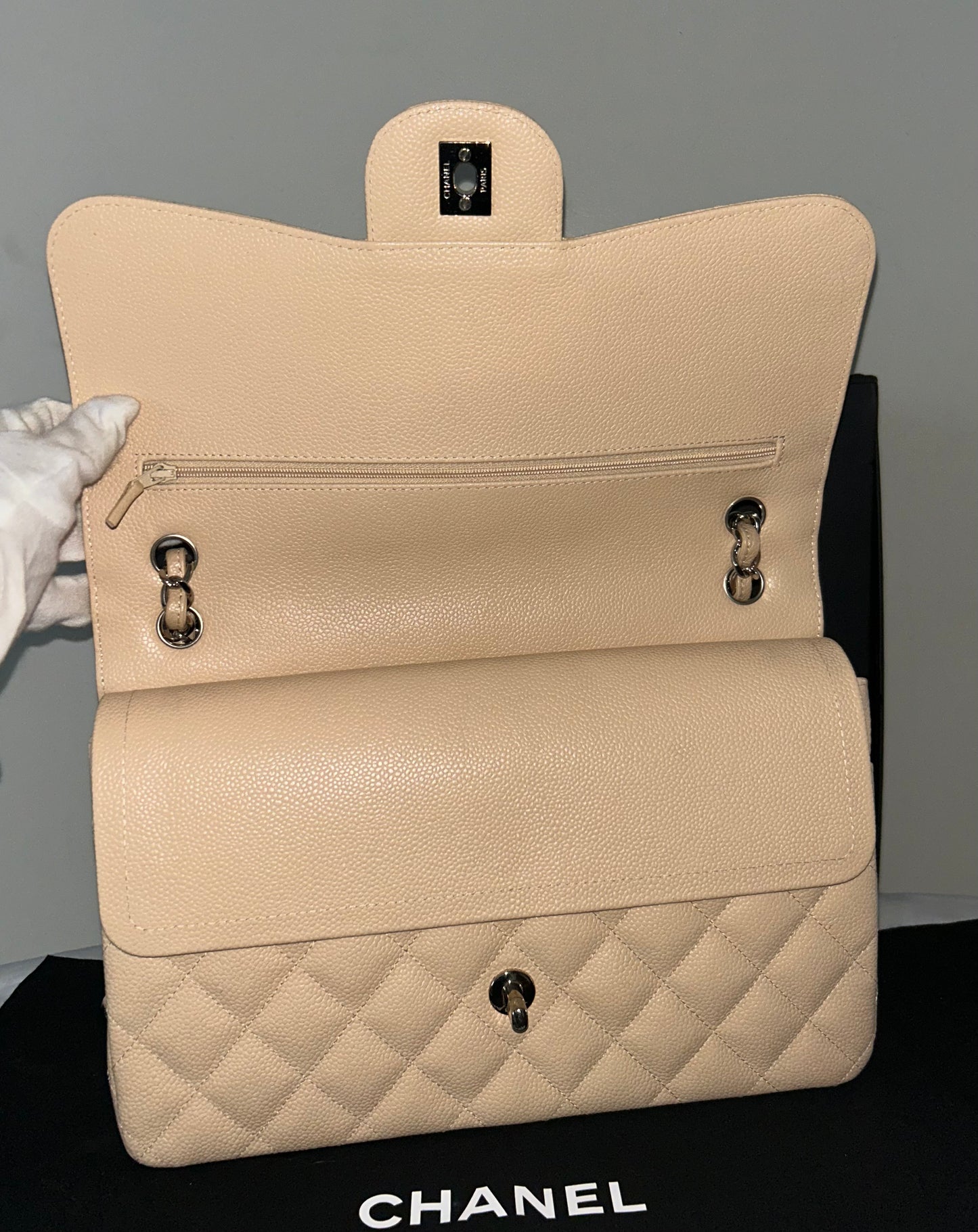 CHANEL Classic Jumbo Double Flap Quilted Caviar Leather Handbag Beige Clair