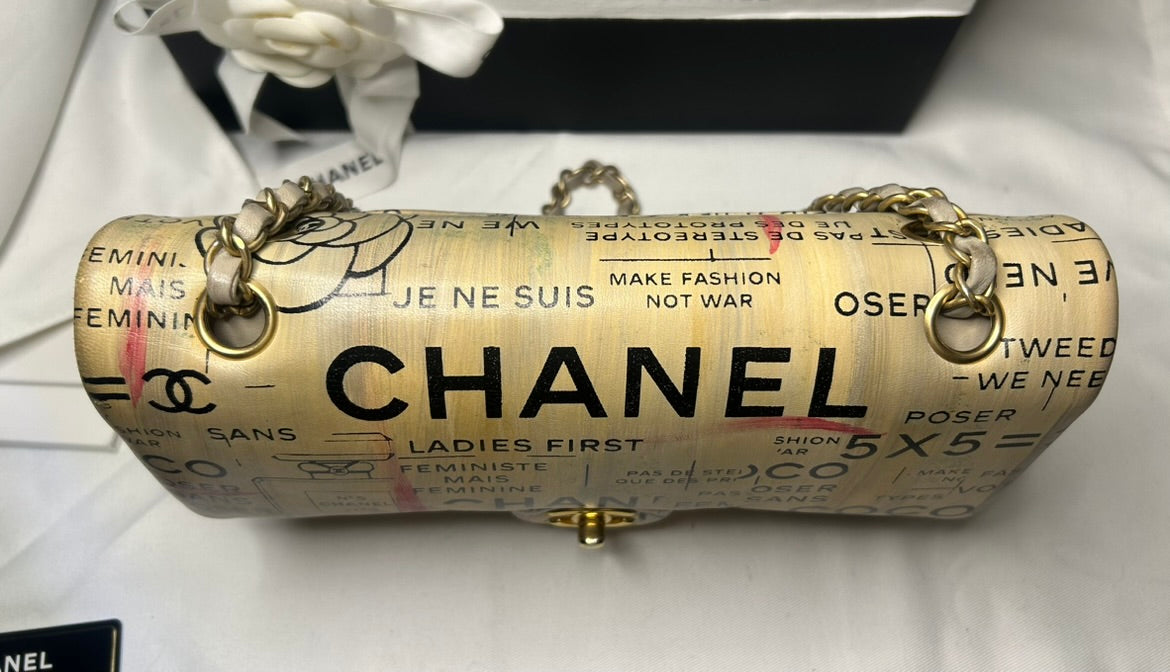 CHANEL Graffiti Newsprint Logo Medium Double Flap Lambskin Handbag Beige