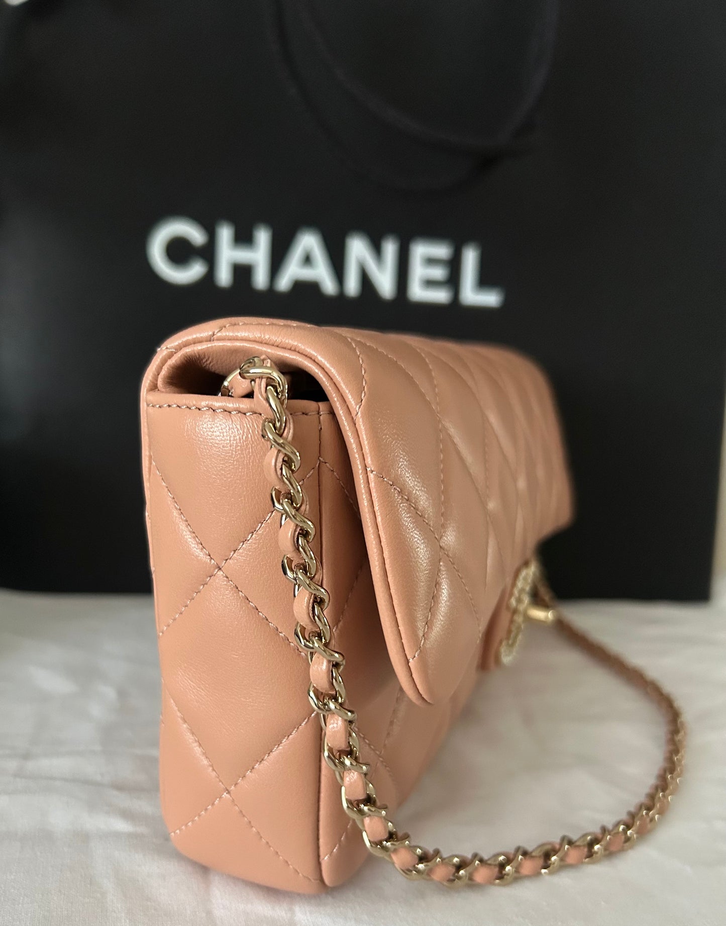 CHANEL 23P Pearl CC Shoulder Flap Bag Quilted Lambskin Leather Nude Pink/Gold