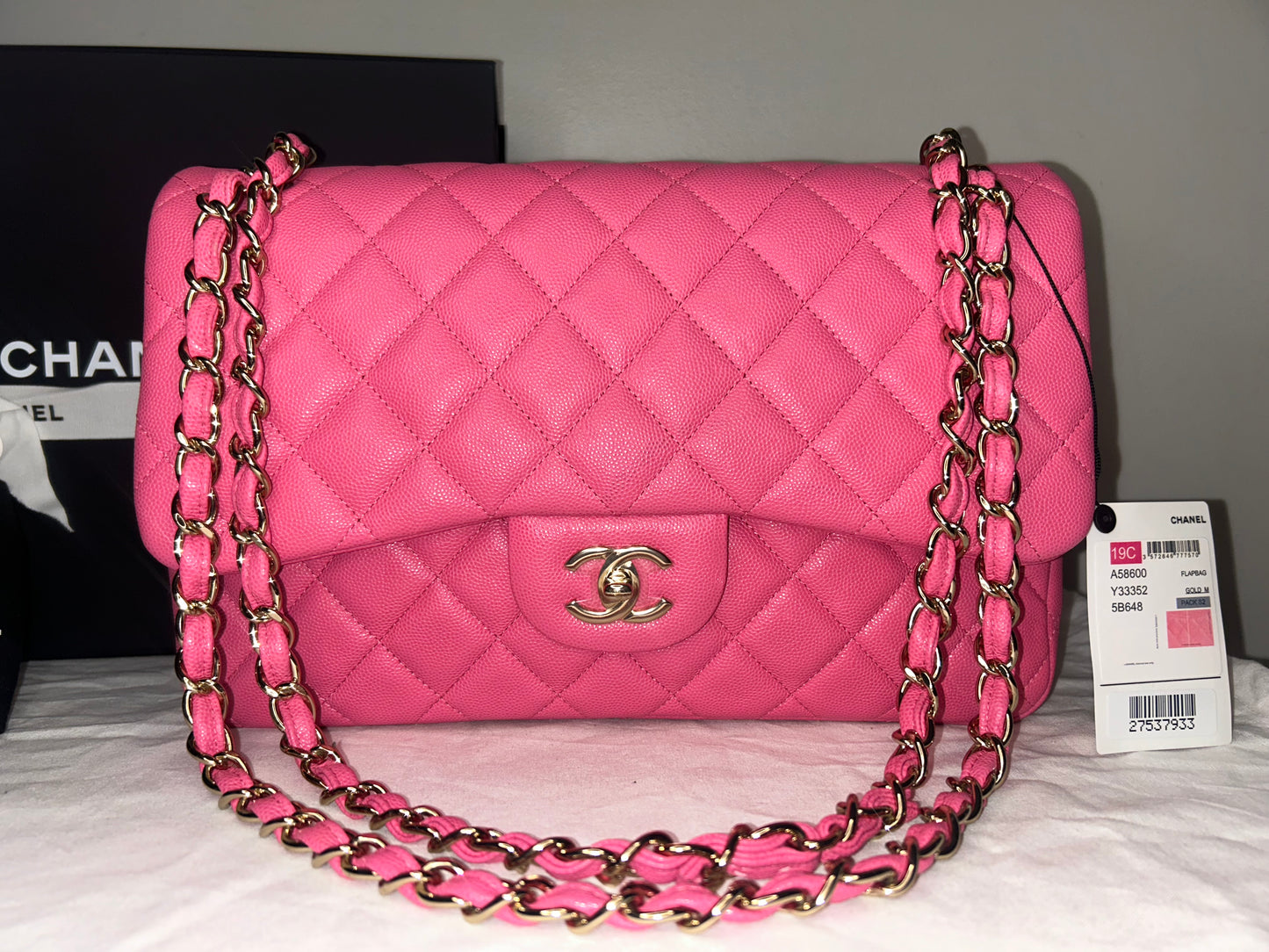 CHANEL Jumbo Double Flap Quilted Caviar Handbag Pink