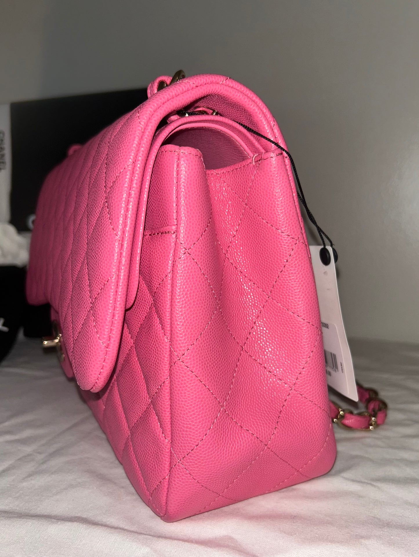 CHANEL Jumbo Double Flap Quilted Caviar Handbag Pink
