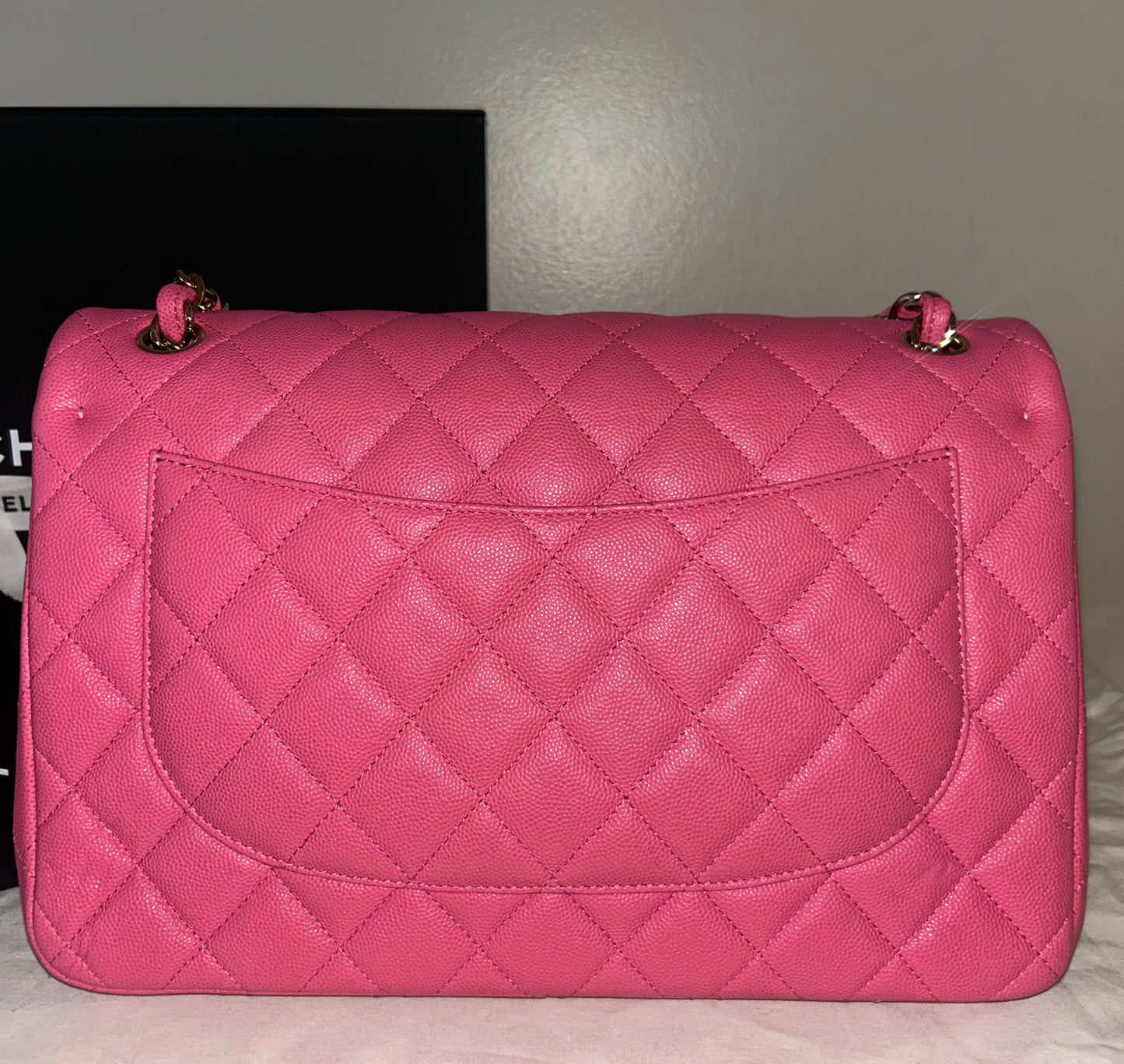CHANEL Jumbo Double Flap Quilted Caviar Handbag Pink