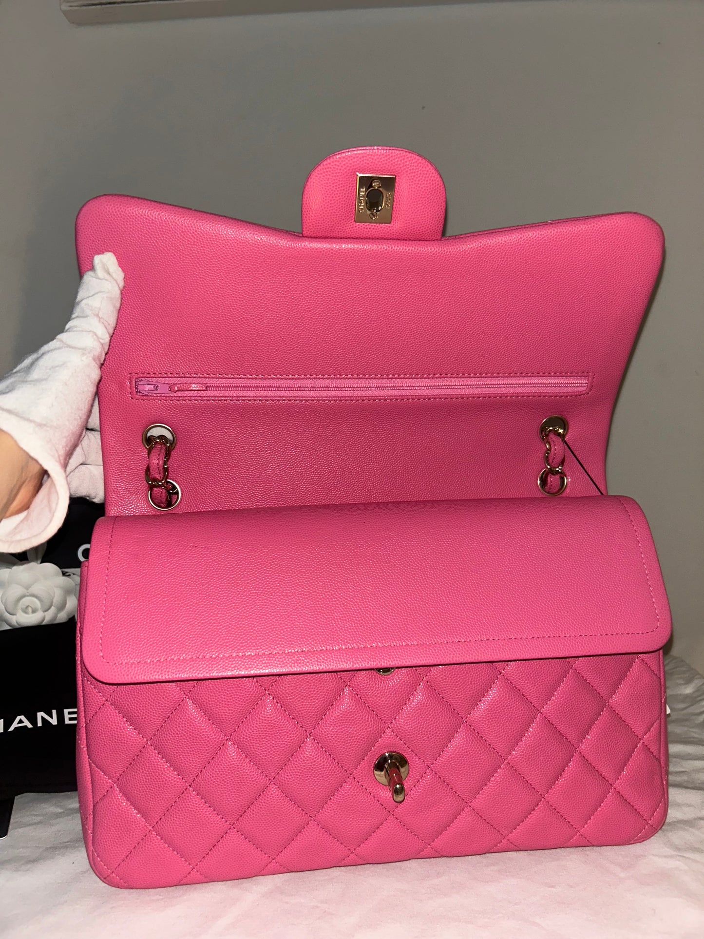 CHANEL Jumbo Double Flap Quilted Caviar Handbag Pink