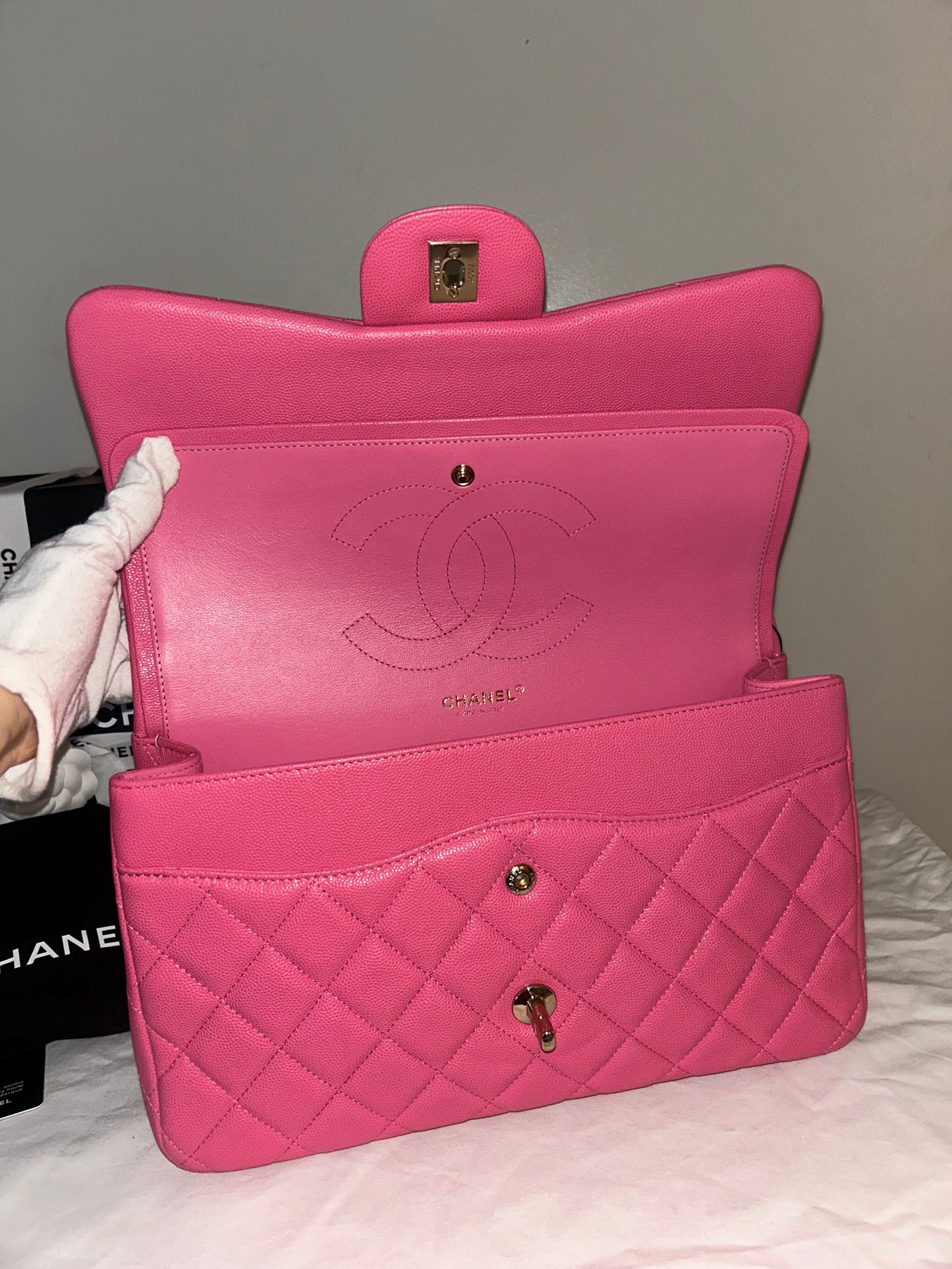 CHANEL Jumbo Double Flap Quilted Caviar Handbag Pink