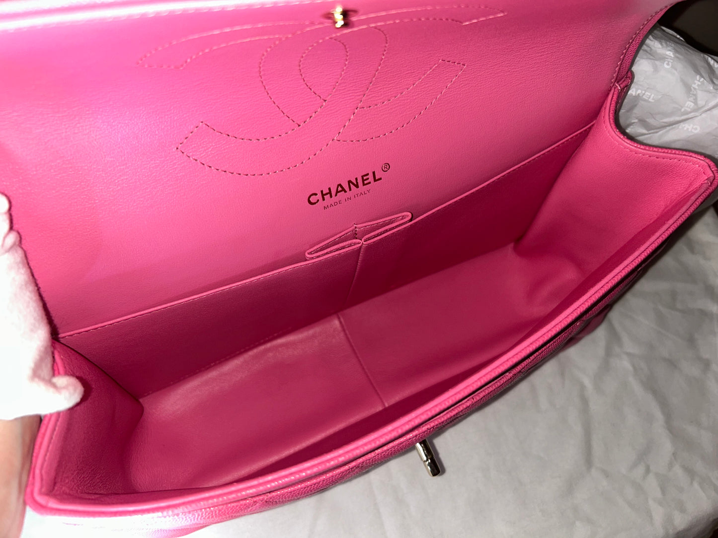 CHANEL Jumbo Double Flap Quilted Caviar Handbag Pink