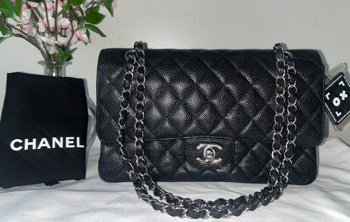 CHANEL Medium Classic Double Flap Caviar Leather Quilted Handbag Black