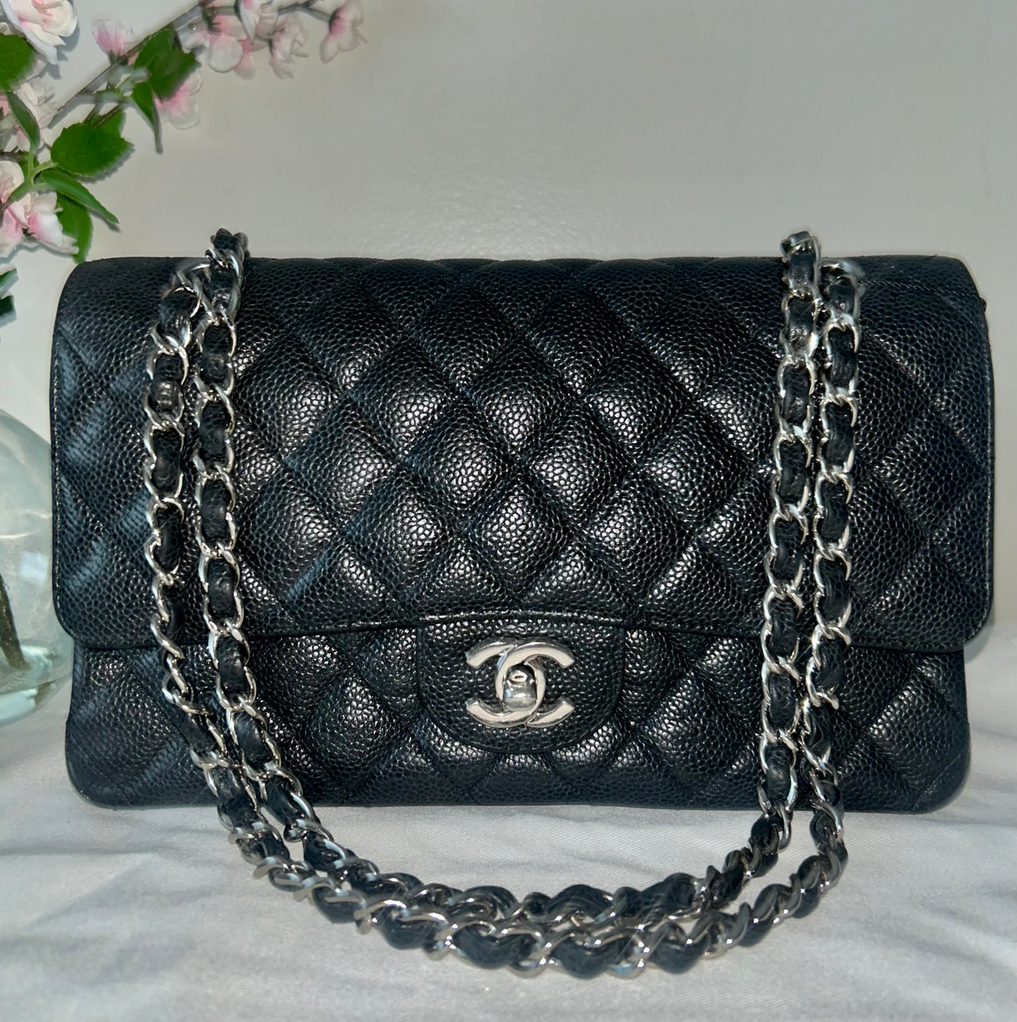 CHANEL Medium Classic Double Flap Caviar Leather Quilted Handbag Black