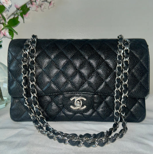 CHANEL Medium Classic Double Flap Caviar Leather Quilted Handbag Black