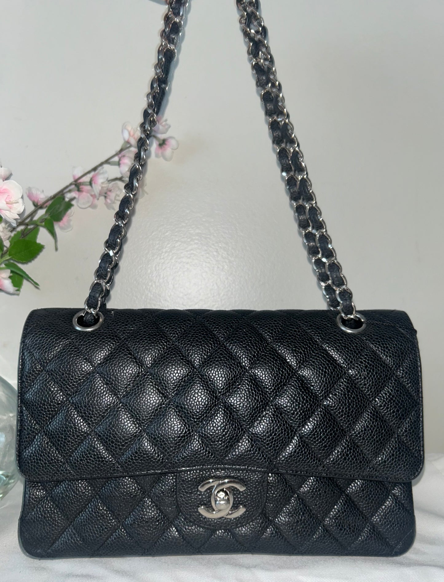 CHANEL Medium Classic Double Flap Caviar Leather Quilted Handbag Black