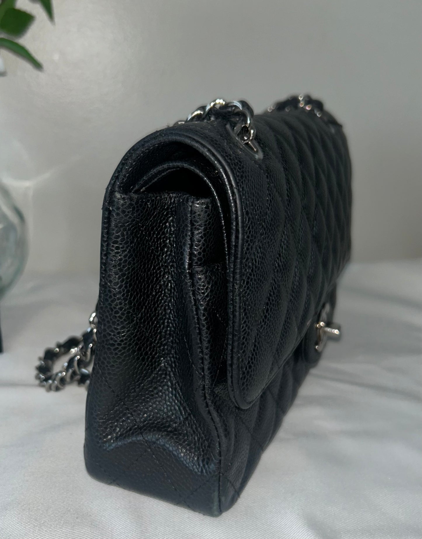 CHANEL Medium Classic Double Flap Caviar Leather Quilted Handbag Black