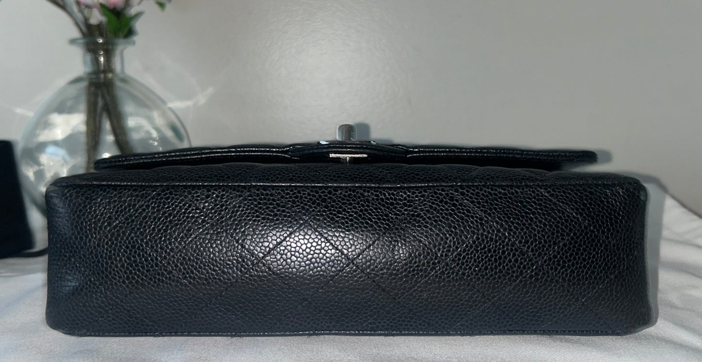 CHANEL Medium Classic Double Flap Caviar Leather Quilted Handbag Black