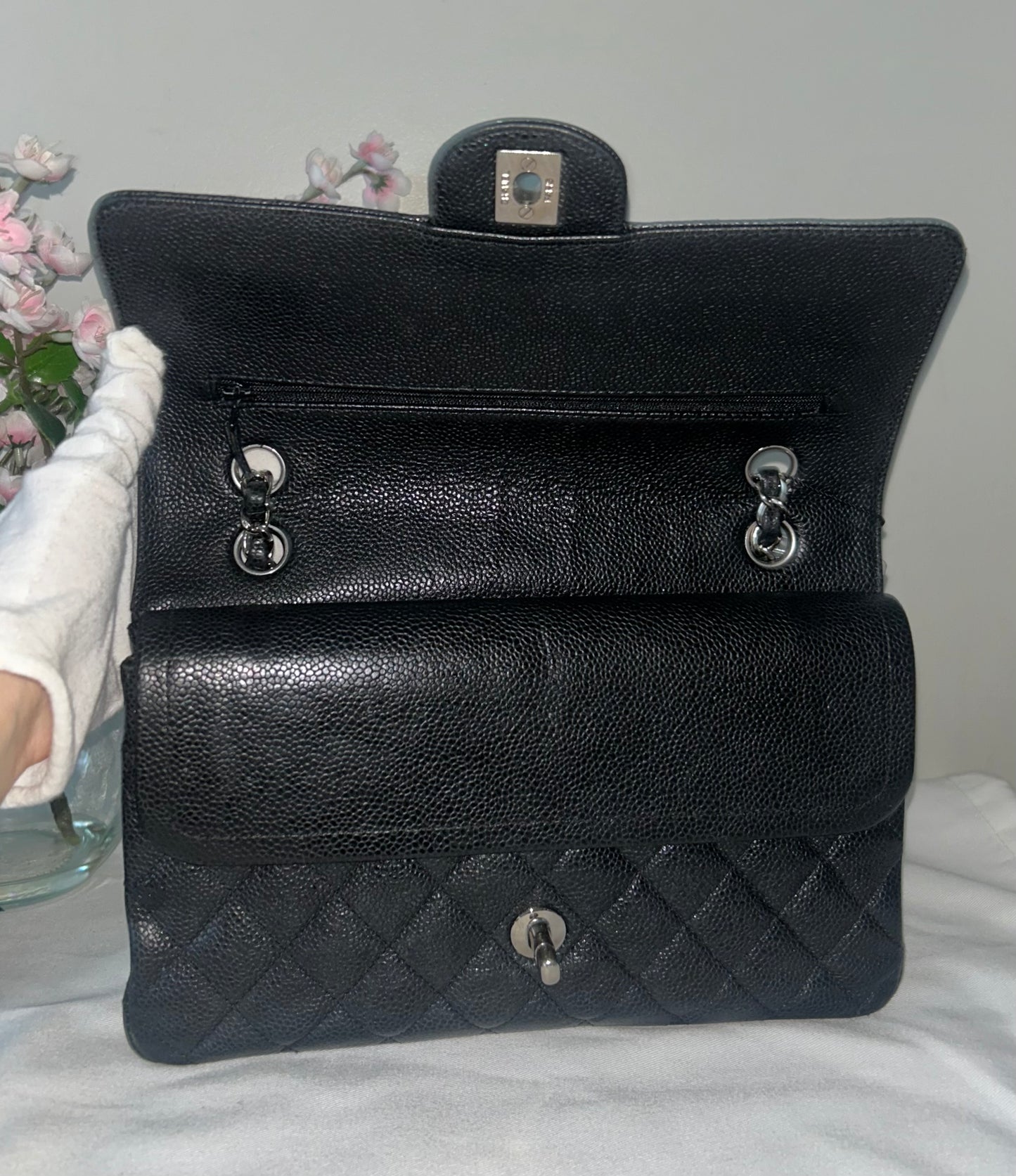 CHANEL Medium Classic Double Flap Caviar Leather Quilted Handbag Black