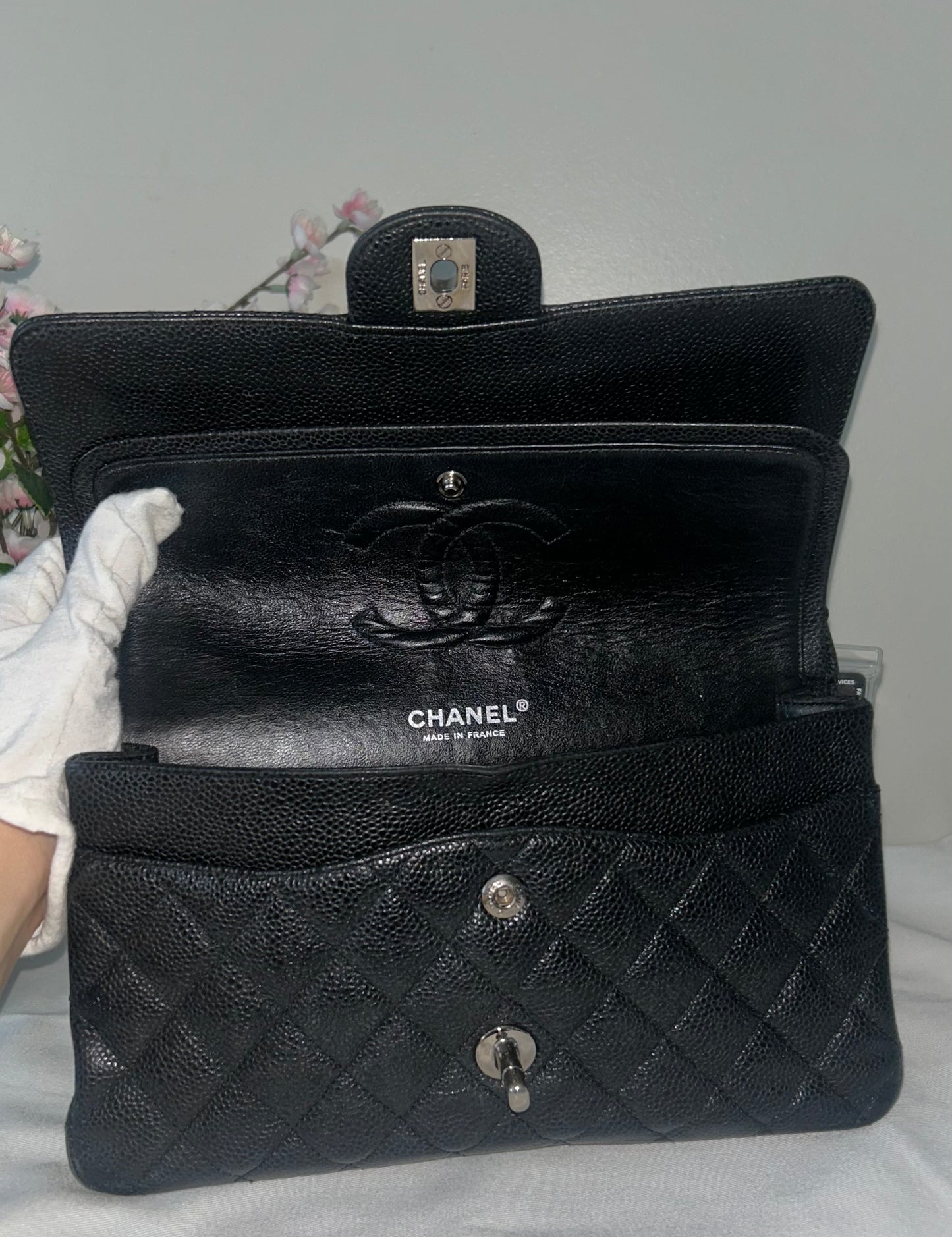 CHANEL Medium Classic Double Flap Caviar Leather Quilted Handbag Black